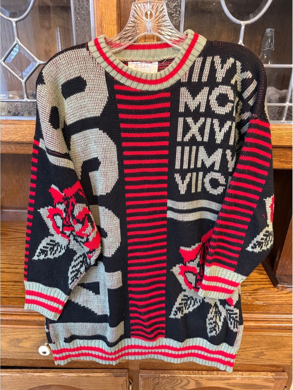 Vintage 80s Bel Ami Knit Graphic Sweater Roses Roman Numerals Streetwear
